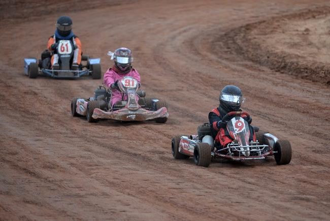 JUNIOR KARTS: Heath Parker, Zoe Smith and Cody Reynolds placed first, second and third in their junior karts heat at Carina Speedway. Photo: Mike Knott / NewsMail. Picture: Mike Knott