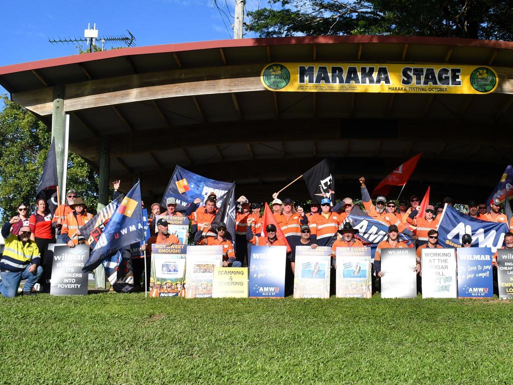 Unionised employees from Wilmar Sugar and Renewables’ Victoria and Macknade mills in Herbert River on strike in Ingham on Tuesday morning. Picture: Cameron Bates