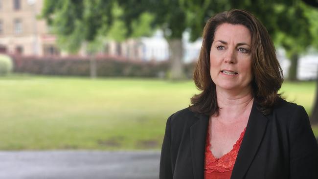 MLC Meg Webb speaks to the media on parliament Lawns in Hobart on Wednesday, November 13, 2024.