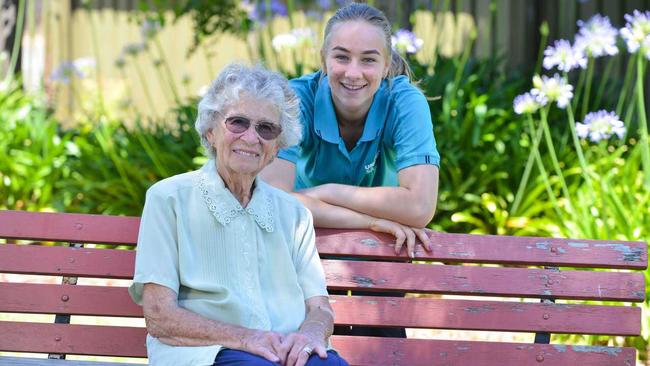 Amber Marchesini with aged care resident, Betty Brown. Amber did a VET Health service assistance certificate 3 at Australian Nursing and Midwifery Education Centre in year 11 and 12. Picture: AAP BRENTON EDWARDS