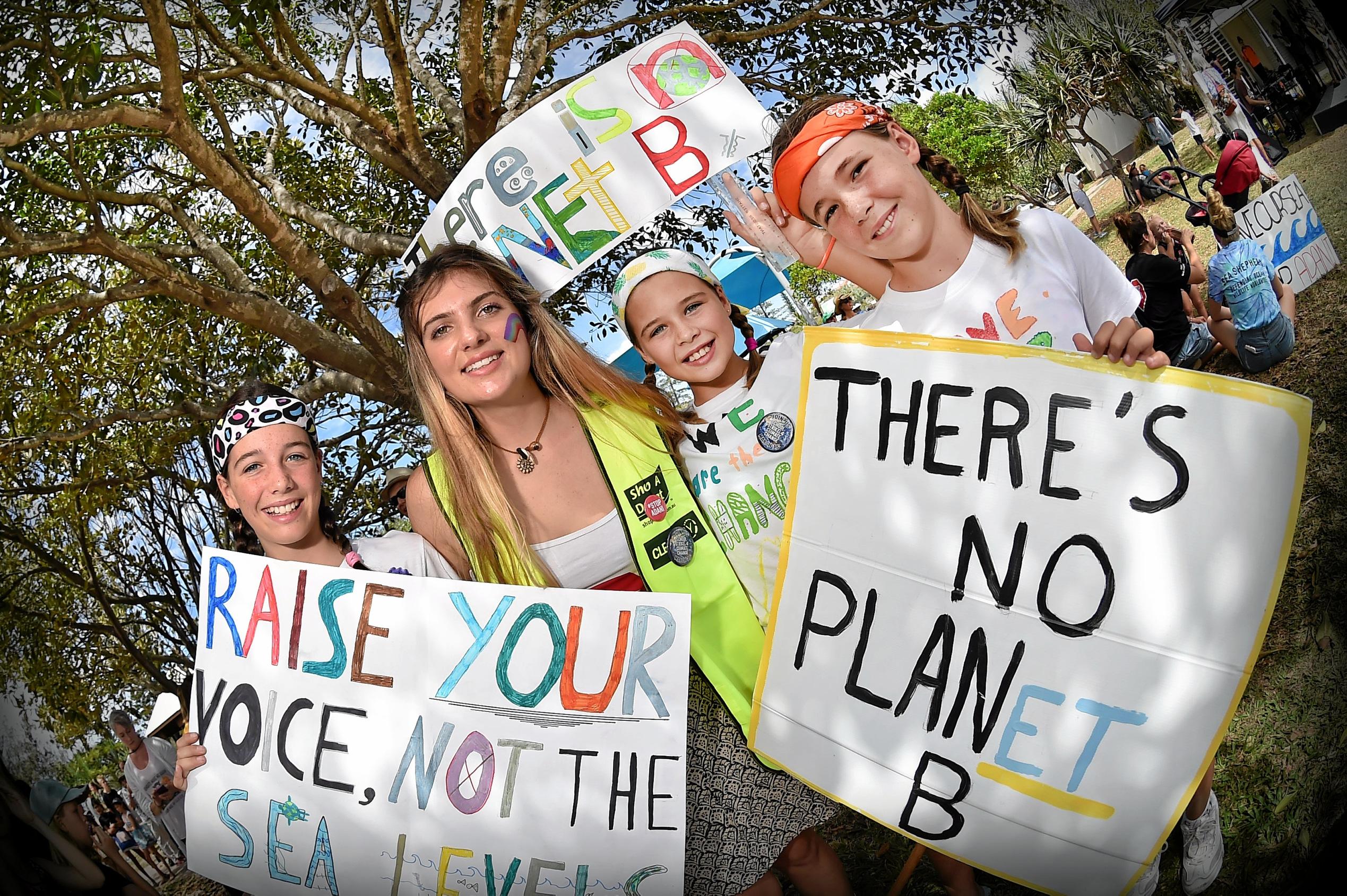 School students and community members gather at Peregain Beach to tell our politicians to take all them seriously and start treating climate change for what it is: a crisis and the biggest threat to our generation and gererations to come. (LtoR) Bridgette Cooper, organiser Shellie Joseph, Lilly Cooper and Summer Burton. Picture: Patrick Woods