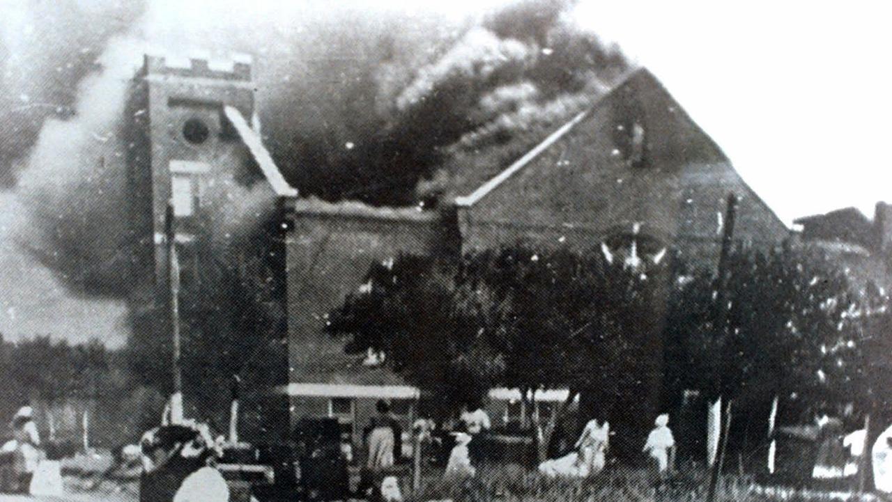 Mt Zion Baptist Church burns after being torched by white mobs during the 1921 Tulsa massacre. Picture: Greenwood Cultural Center via Tulsa World via AP