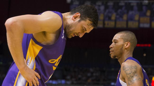 Andrew Bogut of the Kings talks with Jerome Randle  during the Round 1 NBL match between the Sydney Kings and Adelaide 36ers at Qudos Bank Arena in Sydney, Saturday, October 13, 2018. (AAP Image/Craig Golding) NO ARCHIVING, EDITORIAL USE ONLY