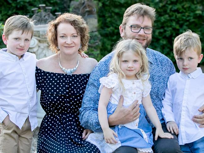 Fiona Burns and Paul Ledger with their children, Ari Ledger (7), Bodhi Ledger (5) and Mae Ledger (3) at home in Bega. Story on the difficulties of getting Au Pairs in the Bega Valley. Picture: Tara Chiu