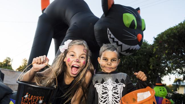 Sophia and Elijah Hooper trick or treating on Halloween in Newtown, Sunday, October 31, 2021. Picture: Kevin Farmer