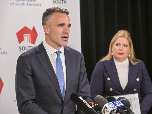 ADELAIDE, AUSTRALIA - NewsWire Photos NOVEMBER 9, 2022: Premier Peter Malinauskas, flanked by Child Protection Minister Katrine Hildyard, release the Hyde and Alexander child protection reports. . Picture: NCA NewsWire / Brenton Edwards