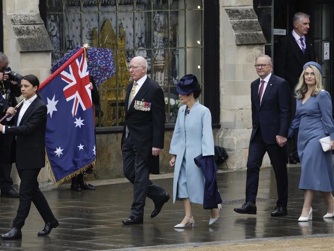 From left, David Hurley, Governer General of Australia, Linda Hurley, Anthony Albanese, Prime Minister of Australia and Jodie Haydon attend the coronation. Picture: Getty Images