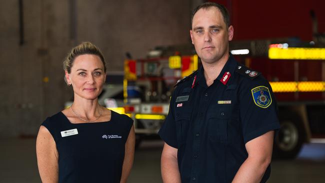 Bureau of Meteorology NT Hazard and Preparedness Manager Shenagh Gamble and Deputy Chief Fire Officer Joshua Fischer talks about the fire conditions across the Top End on Saturday August 26 and Sunday August 27. Picture: Pema Tamang Pakhrin