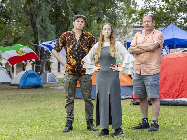 Brandon Hulse, Alyssa Peterson and Yoni Nazarathy, an Associate Professor at The University of Queensland, at 'Camp Shalom' as Pro-Palestine supporters and Jewish students have established separate campsites at the University of Queensland St Lucia campus. Picture: Richard Walker