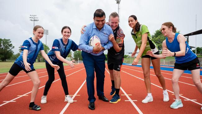 Minister Jinson Charls with 2025 Sports Awards Finalists (L to R) Matilda Mobsby and Alaina Kman (Arafura Calisthenics Club), Leon Cleal (Ruby League), Macey Sheridan (Swimming) and Alison Reidy (athletics)