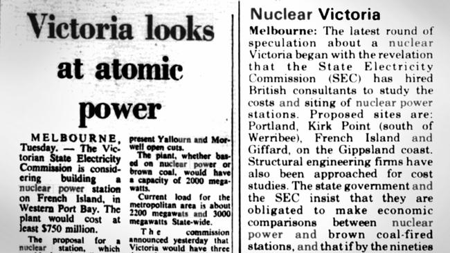 Newspaper articles from the 1960s about Victoria’s potential for nuclear power. Pictures: Trove