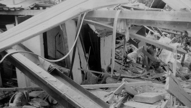 Justice Richard Gee's Belrose home after it was bombed. Photo Manly Daily