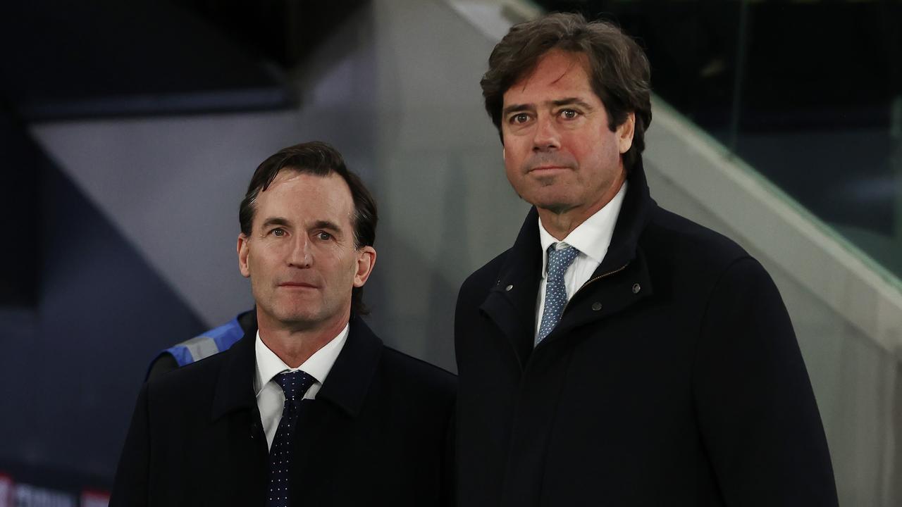 MELBOURNE - July 7 : AFL. AFL CEO Gillon McLachlan with Andrew Dillon and Laura Kane after the round 17 AFL match between Western Bulldogs and Collingwood at Marvel Stadium on July 7, 2023. Photo by Michael Klein.