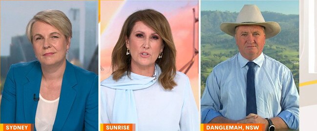 Tanya Plibersek with host Natalie Barr and Barnaby Joyce on Sunrise. Mr Joyce claimed Ms Palaszczuk was resigning because of ‘union thugs’ telling her to go. Picture: Supplied / Channel 7