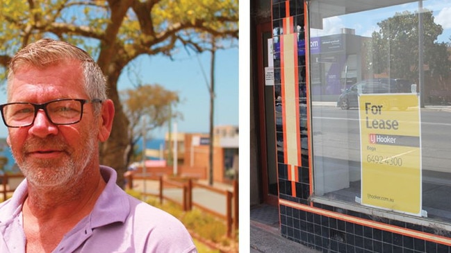 Eden Business Chamber President, Eric Wolske and a for lease sign in Bega. Pictures: Tom McGann.