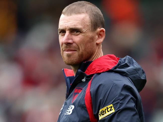 Simon Goodwin during a 2021 AFL match against Hawthorn. Though the season was overwhelmingly successful, Goodwin’s time as senior coach has been fraught with ups and downs. Picture: Michael Klein/NCA