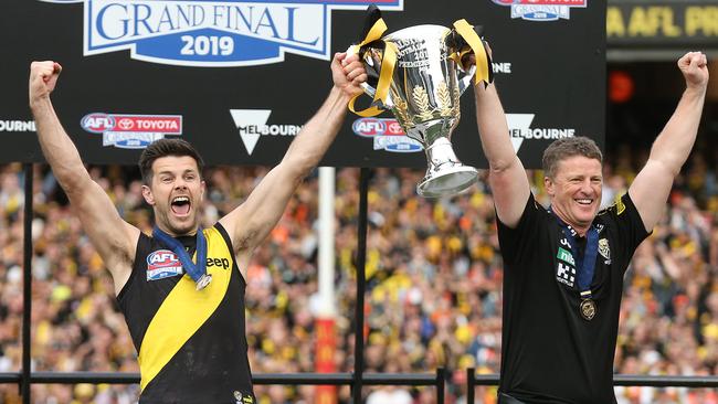 Lifting the cup in 2019 after mauling the Giants. Picture: Michael Klein.