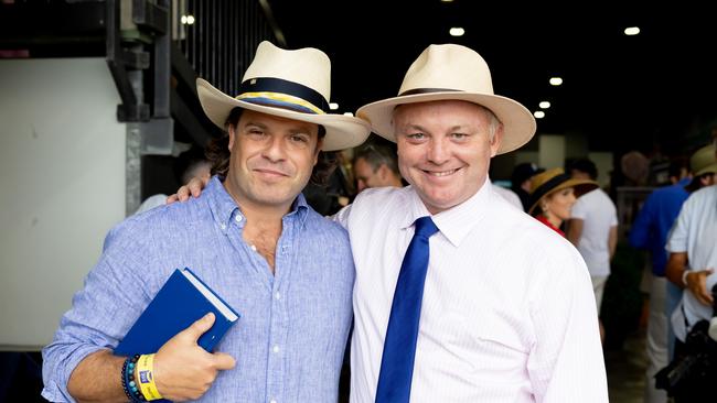 Tom Magnier, left, bought lot 606 for a record breaking $2.7m pictured with Magic Millions CEO Barry Bowditch. Picture by Luke Marsden.