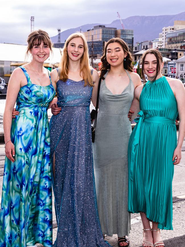 Hobart College leavers dinner 2022 Dharma Simpkins, Mackenna Minstrell, Adelle Masson, and Zoe Alexander Picture: Linda Higginson