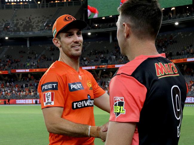 Thing of the past? Mitchell and Shaun Marsh shake hands.