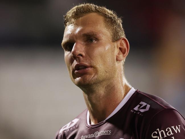 WOLLONGONG, AUSTRALIA - MARCH 30: Tom Trbojevic of the Sea Eagles looks dejected after defeat during the round four NRL match between St George Illawarra Dragons and Manly Sea Eagles at WIN Stadium, on March 30, 2024, in Wollongong, Australia. (Photo by Mark Metcalfe/Getty Images)