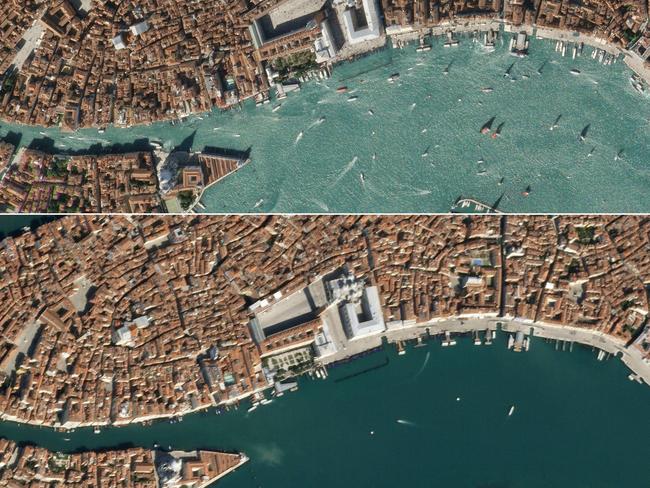 A picture by Maxar Technologies shows boats in the waters off of San Marco square in Venice, Italy (top) and nearly empty waters off on March 18, 2020, due to the coronavirus lockdown. Picture: Maxar Technologies/AFP