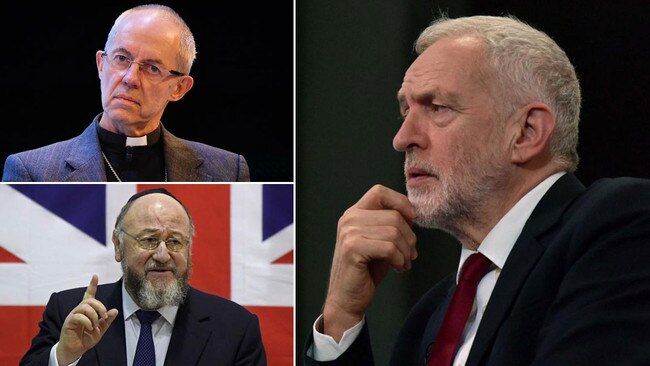 The Archbishop of Canterbury, top left, has thrown his support behind Britain's Chief Rabbi, bottom left, to call out anti-Semitism in Jeremy Corbyn's Labour.