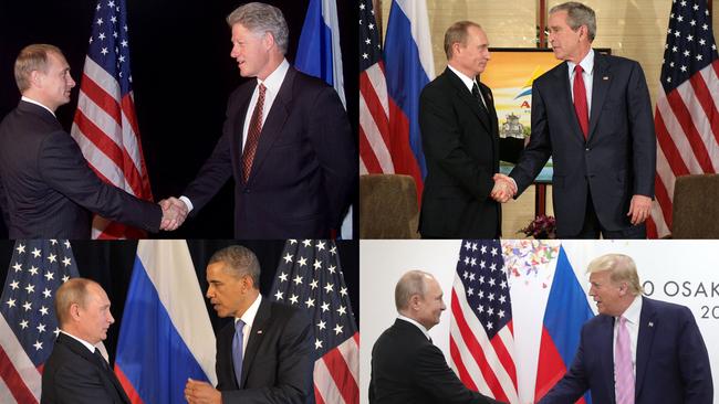 Vladimir Putin meeting US Presidents Bill Clinton, George W. Bush, Barack Obama and Donald Trump. Picture: AFP