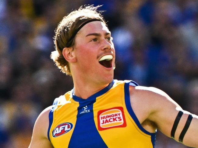 PERTH, AUSTRALIA - MARCH 16: Harley Reid of the Eagles celebrates a missed goal during the 2025 AFL Round 01 match between the West Coast Eagles and the Gold Coast Suns at Optus Stadium on March 16, 2025 in Perth, Australia. (Photo by Daniel Carson/AFL Photos via Getty Images)