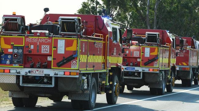 Fire trucks travelling in convoy to fight a bushfire in Briagolong. Picture: Facebook