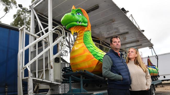 Fourth generation Victoria-based Show ride vendors Russell and Amanda Watkins had hoped to be up and running in Adelaide again this year. Picture: Keryn Stevens