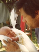 Allan holding a baby Nina in 1984, a few months after she was born.
