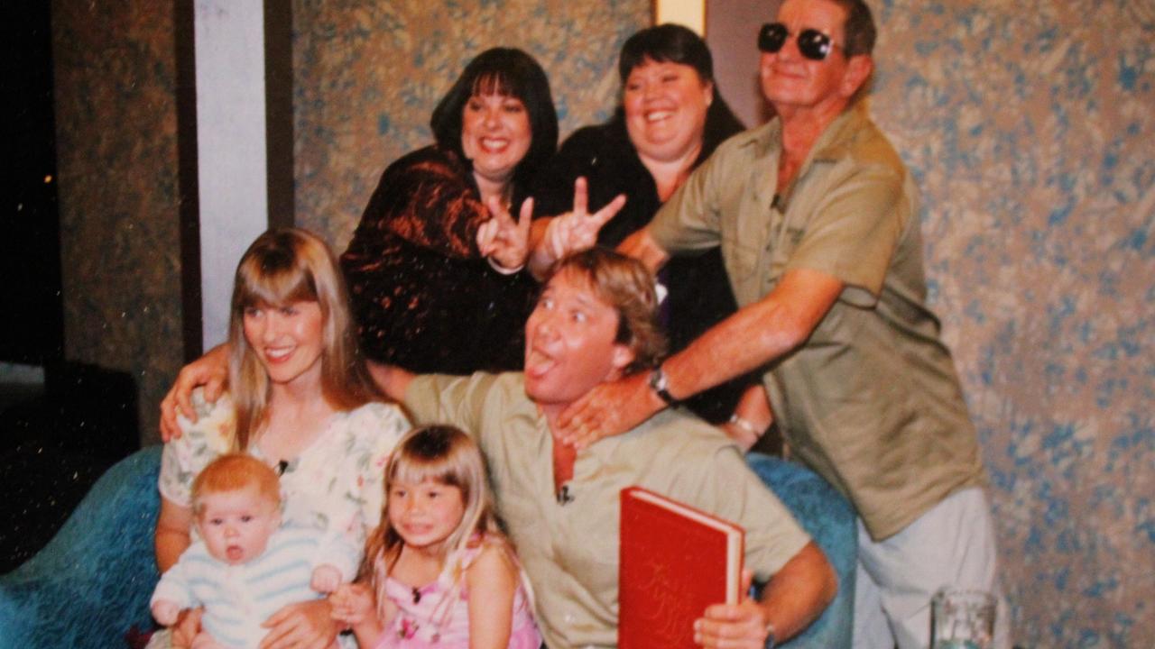 Steve's older sister Joy, younger sister Mandy, father Bob Irwin, wife Terri, son Robert and daughter Bindi from an episode of This Is Your Life in 2004. Picture: Supplied.