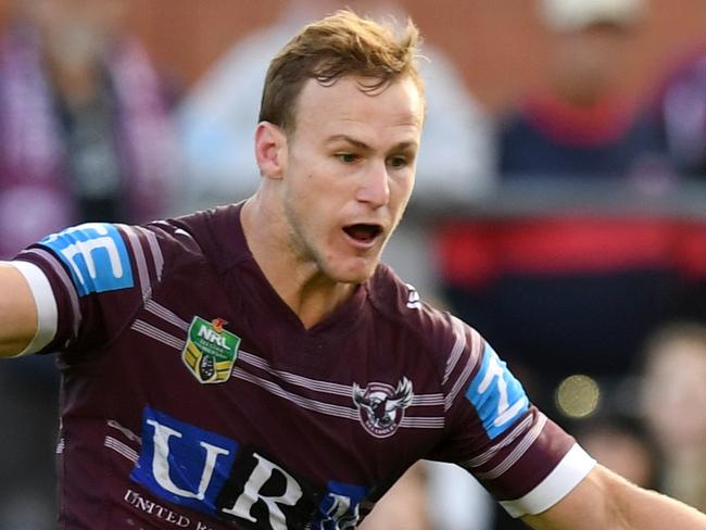 Daly Cherry-Evans of the Sea Eagles reacts to kicks a field goal in extra time during the round 13 NRL match between the Manly Sea Eagles and the Canberra Raiders at Lottoland in Sydney on Sunday, June 4, 2017. (AAP Image/Paul Miller) NO ARCHIVING, EDITORIAL USE ONLY