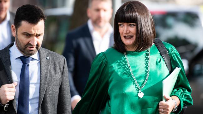 NSW Waratahs CEO Andrew Hore and Rugby Australia CEO Raelene Castle ahead of the first day of Israel Folau’s code of conduct hearing on Saturday. Picture: AAP 