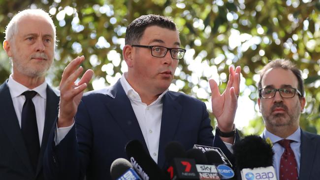 Premier Daniel Andrews, with senior ministers Gavin Jennings and Martin Pakula, after the Ombudsman’s rorts report was released. Picture: Alex Coppel