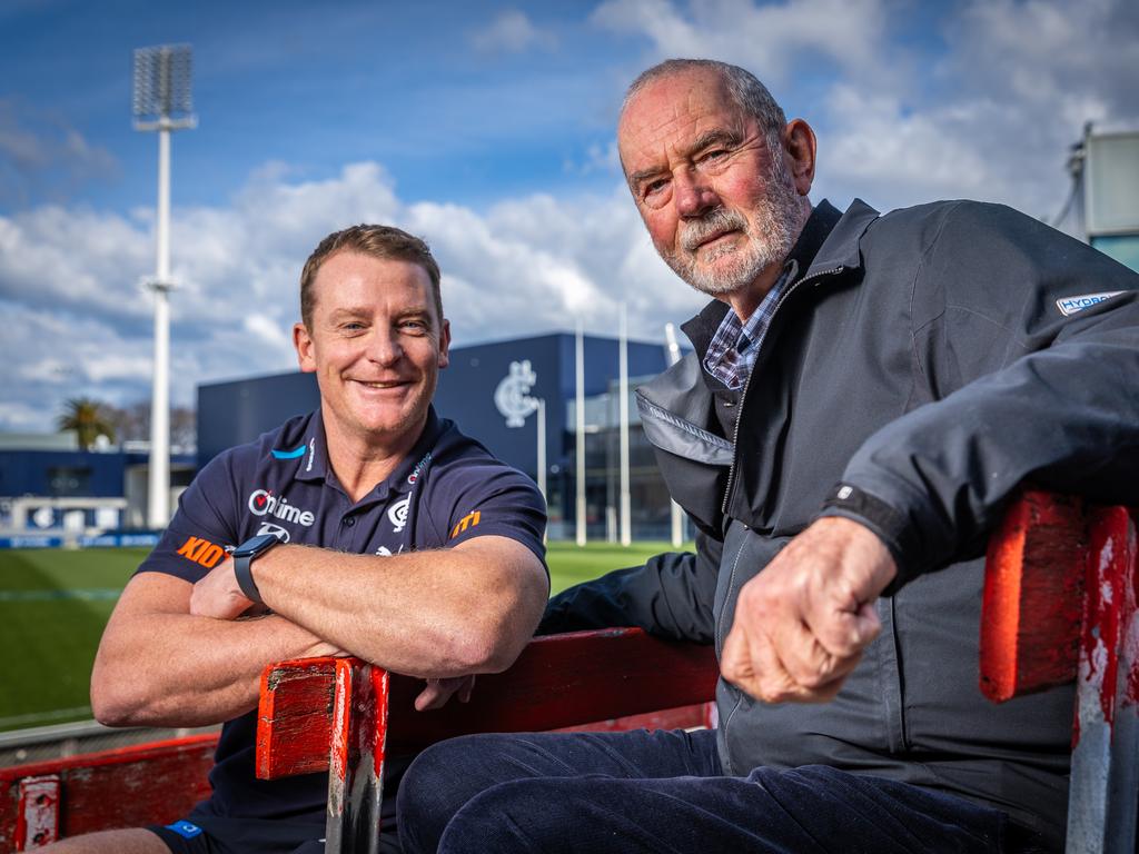 Michael Voss and Robert Walls at Princes Park. Picture: Jake Nowakowski