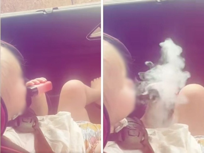 An unseen child tells the baby he is "choking" him with the vape cloud. Picture: X