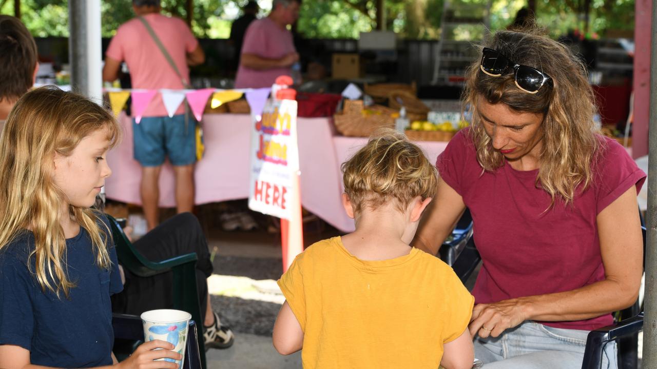 Mum Jade Page with son Ruben and daughter Elowen Podd at the Lismore Farmers Markets.