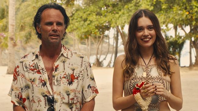 Walton Goggins and Aimee Lou Wood in a scene from Season 3 of The White Lotus.