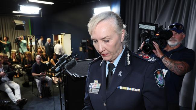 Katarina Carroll announces she is standing down as Commissioner, Police Headquarters, Brisbane. Picture: Liam Kidston