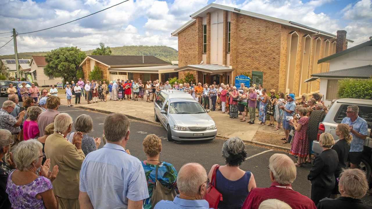 A guard of honour was formed outside the Maclean Anglican Church to pay tribute to long time Maclean High School teacher Allan Cameron. Picture: Adam Hourigan