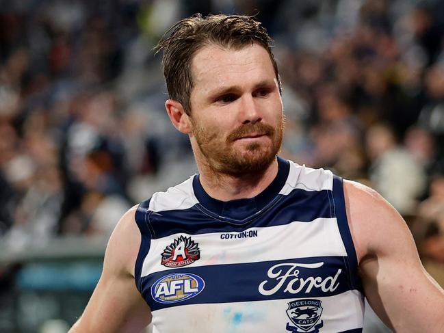 GEELONG, AUSTRALIA - APRIL 22: Patrick Dangerfield of the Cats celebrates during the 2023 AFL Round 06 match between the Geelong Cats and the Sydney Swans at GMHBA Stadium on April 22, 2023 in Geelong, Australia. (Photo by Dylan Burns/AFL Photos via Getty Images)