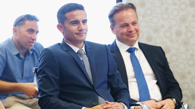 Cahill with fellow Australian soccer luminary Mark Bosnich at yesterday’s Fox Sports TV rights deal announcement. Picture: Getty Images