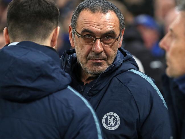 Chelsea's Italian head coach Maurizio Sarri arrives for the UEFA Europa League round of 32, 2nd leg football match between Chelsea and Malmo at Stamford Bridge in London on February 21, 2019. (Photo by Daniel LEAL-OLIVAS / AFP)