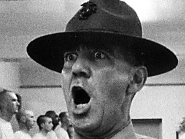 Actor Lee Ermey, as Gunnery Sgt. Hartman, yells at new Marine recruits in this scene from the 1987 film 'Full Metal Jacket' (AP Photo) movies headshot