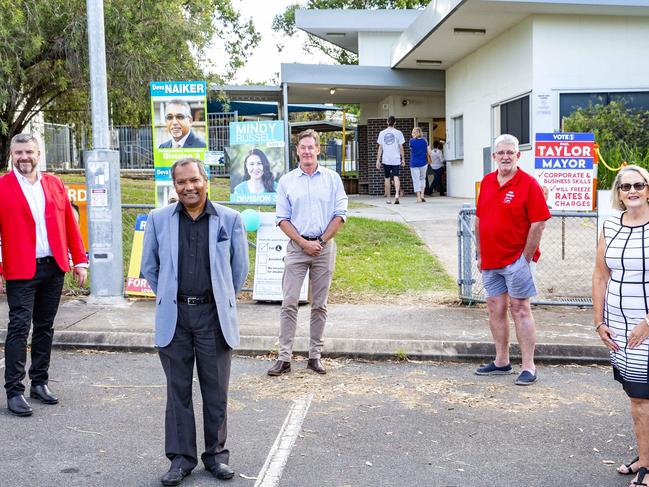 Logan City Council Mayoral candidates (left to right) Stewart Fleming, Paul Taylor, Darren Power, John Freeman and Sherry Heath pose for a photograph, Saturday, March 28, 2020 (AAP Image/Richard Walker)