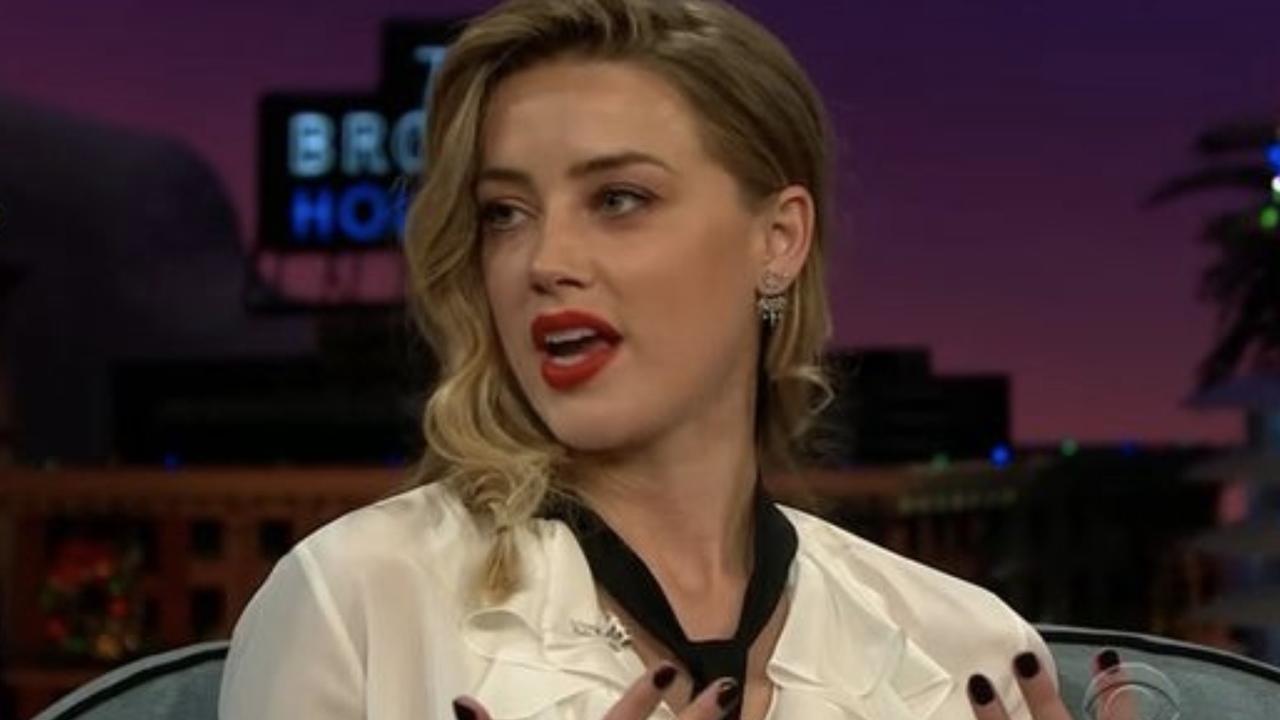 Amber Heard claims the black eyes were covered with makeup on James Corden’s show. Picture: CBS/YouTube