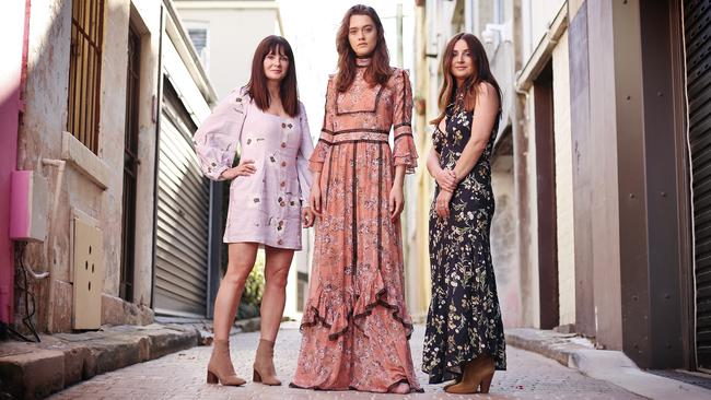 We Are Kindred designers Lizzie (left) and Georgie Renkert (right) along with model Ros Freemantle. Picture: Sam Ruttyn