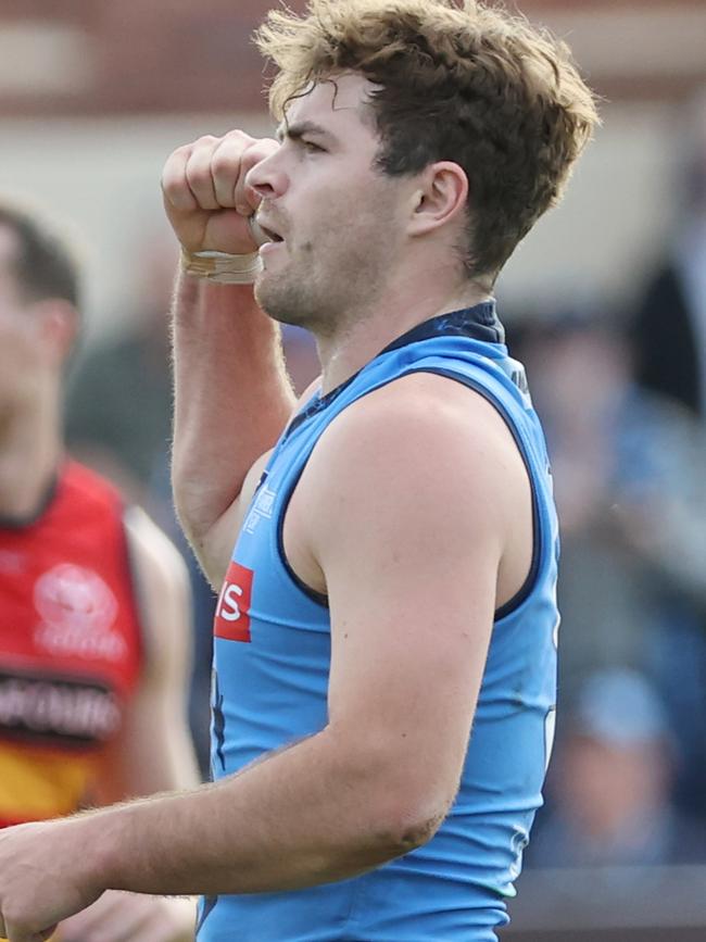 Josh Hone celebrates one of his three goals in Sturt’s tight win against the Crows. Picture: SANFL Image/David Mariuz